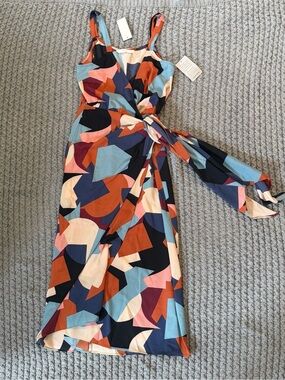 Lush Abstract Wrap Midi Dress in Blue, Rust and Pink